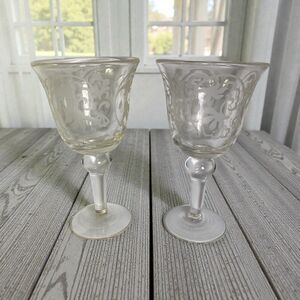 Vintage Frosted Etched Floral Stemware Wine Glasses 7 3/4” Tall Set of 2 *READ